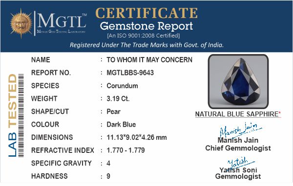 Thailand Blue Sapphire - 3.19 Carat Rare Quality BBS-9643