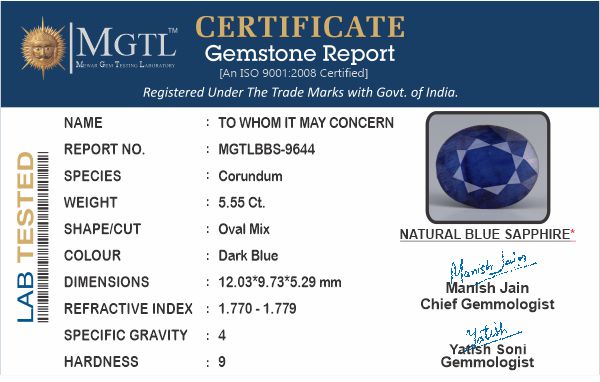 Thailand Blue Sapphire - 5.55 Carat Prime Quality BBS-9644