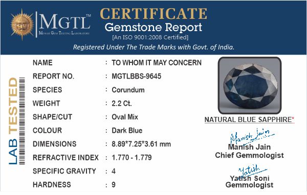 Thailand Blue Sapphire - 2.2 Carat Limited Quality BBS-9645
