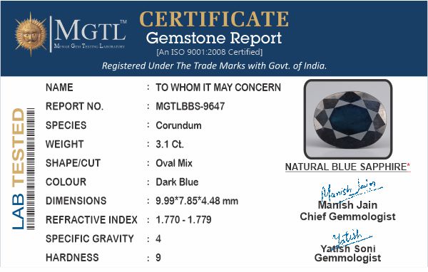 Thailand Blue Sapphire - 3.1 Carat Prime Quality BBS-9647
