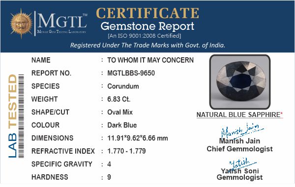 Thailand Blue Sapphire - 6.83 Carat Prime Quality BBS-9650