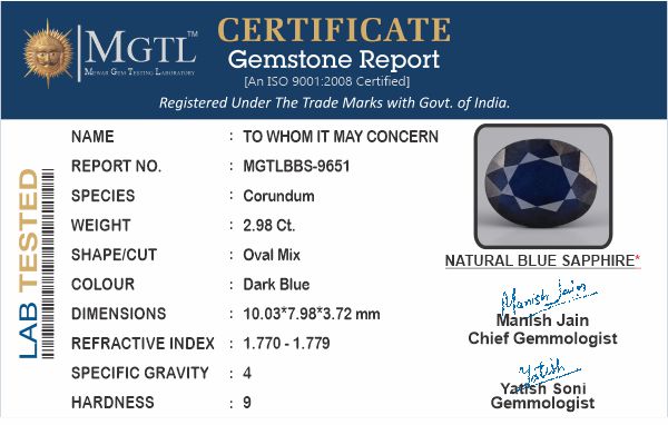 Thailand Blue Sapphire - 2.98 Carat Prime Quality BBS-9651