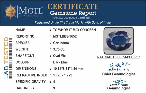 Thailand Blue Sapphire - 3.76 Carat Prime Quality BBS-9652