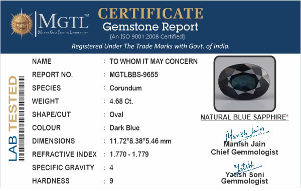 Kanchanaburi Blue Sapphire - 4.68 Carat Limited Quality BBS-9655
