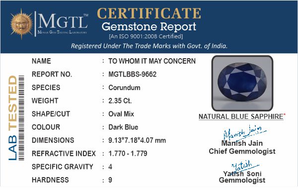 Thailand Blue Sapphire - 2.35 Carat Limited Quality BBS-9662