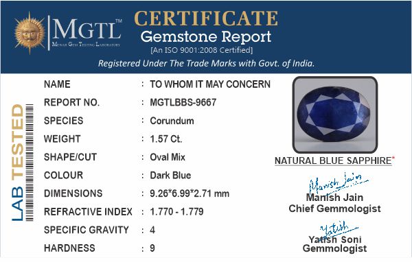 Thailand Blue Sapphire - 1.57 Carat Limited Quality BBS-9667