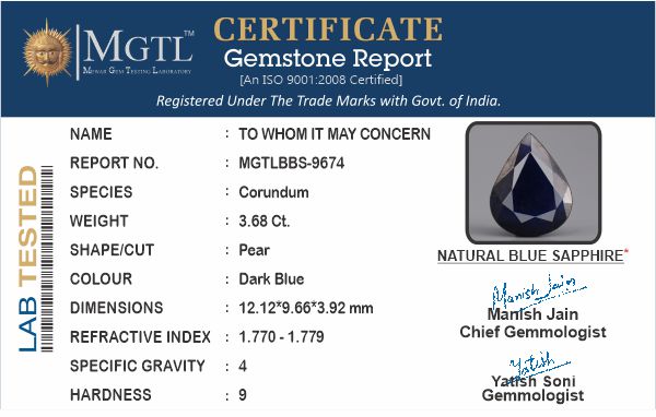Blue Sapphire - 3.68 Carat Limited Quality BBS-9674