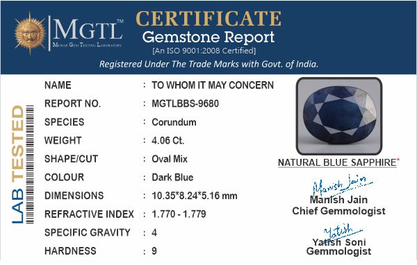 Thailand Blue Sapphire - 4.06 Carat Limited Quality BBS-9680