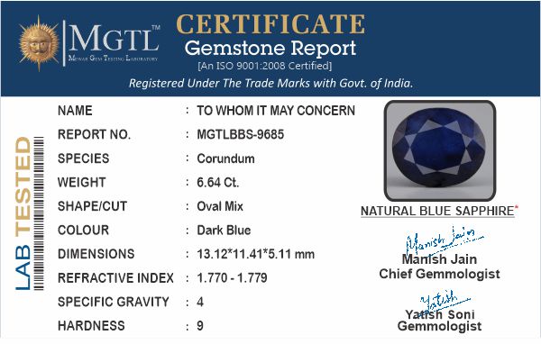 Thailand Blue Sapphire - 6.64 Carat Prime Quality BBS-9685