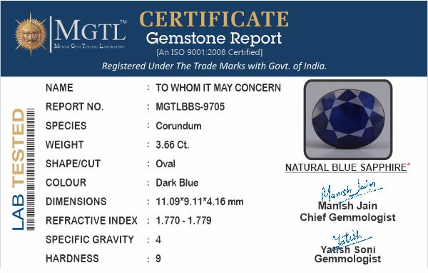 Thailand Blue Sapphire - 3.66 Carat Prime Quality BBS-9705