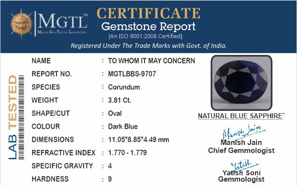 Thailand Blue Sapphire - 3.81 Carat Prime Quality BBS-9707