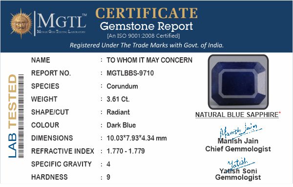 Thailand Blue Sapphire - 3.61 Carat Prime Quality BBS-9710