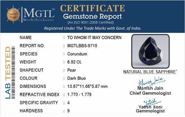 Thailand Blue Sapphire - 6.92 Carat Limited Quality BBS-9715