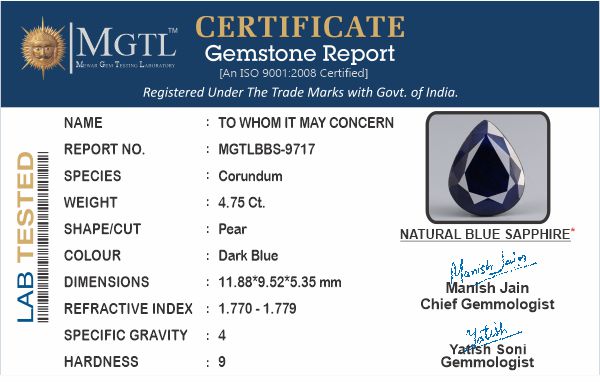 Thailand Blue Sapphire - 4.75 Carat Limited Quality BBS-9717