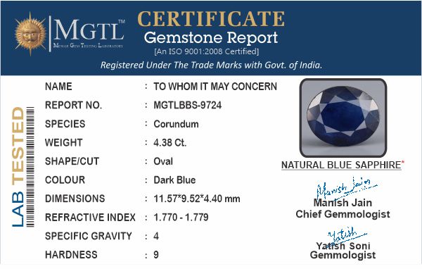 Blue Sapphire - 4.38 Carats
