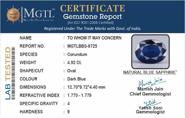 Thailand Blue Sapphire - 4.92 Carat Limited Quality BBS-9725