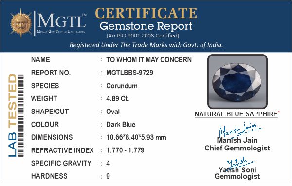 Blue Sapphire - 4.89 Carats