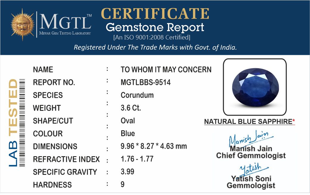 Thailand Blue Sapphire - 3.60 Carat Prime Quality BBS-9514