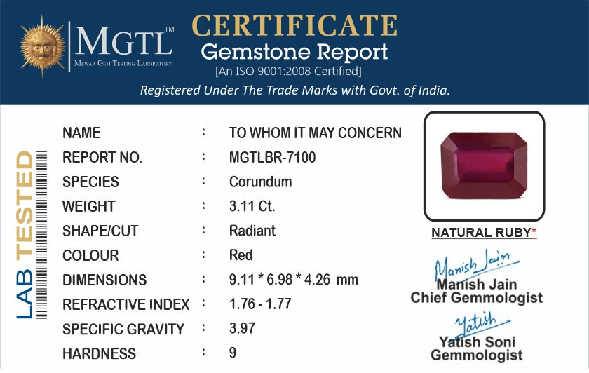 Thailand Ruby - 3.11 Carat Prime Quality BR-7100