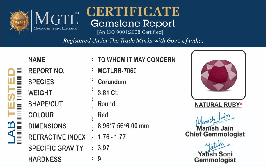 Thailand Ruby - 3.81 Carat Prime Quality BR-7060
