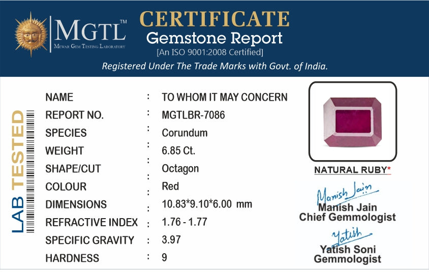 Thailand Ruby - 6.85 Carat Prime Quality BR-7086
