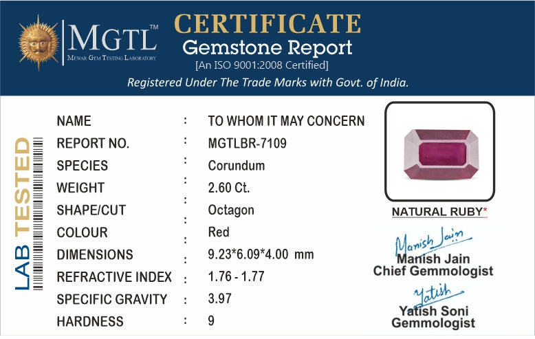 Thailand Ruby - 2.6 Carat Prime Quality BR-7109