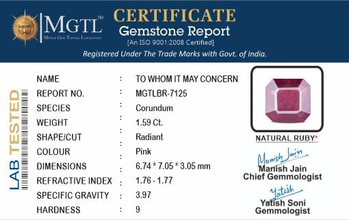Thailand Ruby - 1.59 Carat Limited Quality BR-7125