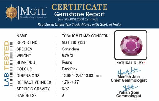 Mozambique Ruby - 6.79 Carat Prime Quality BR-7133