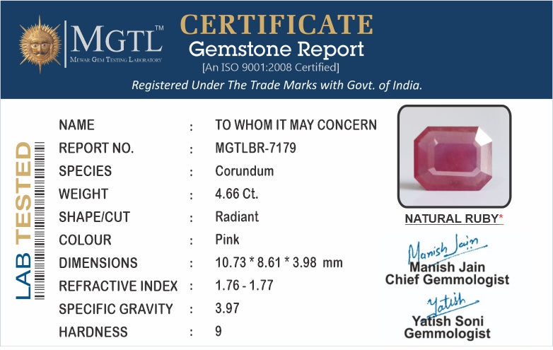 Mozambique Ruby - 4.66 Carat Prime Quality BR-7179