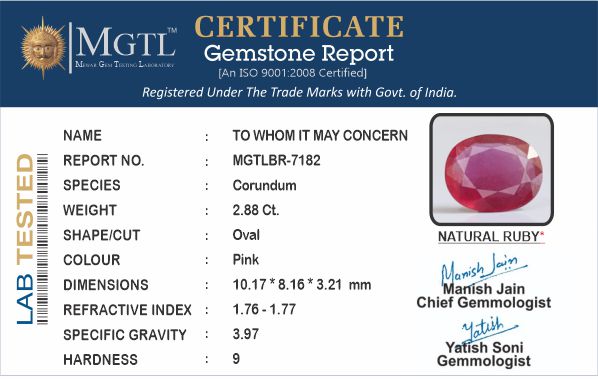 Thailand Ruby - 2.88 Carat Prime Quality  BR-7182