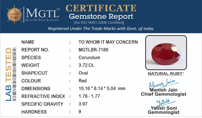 Thailand Ruby - 3.72 Carat Prime Quality BR-7189