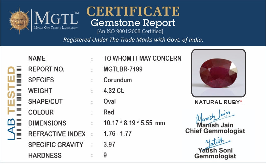 Thailand Ruby - 4.32 Carat Prime Quality BR-7199
