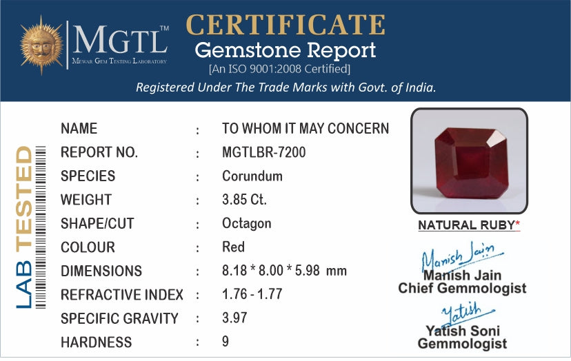 Thailand Ruby - 3.85 Carat Prime Quality BR-7200