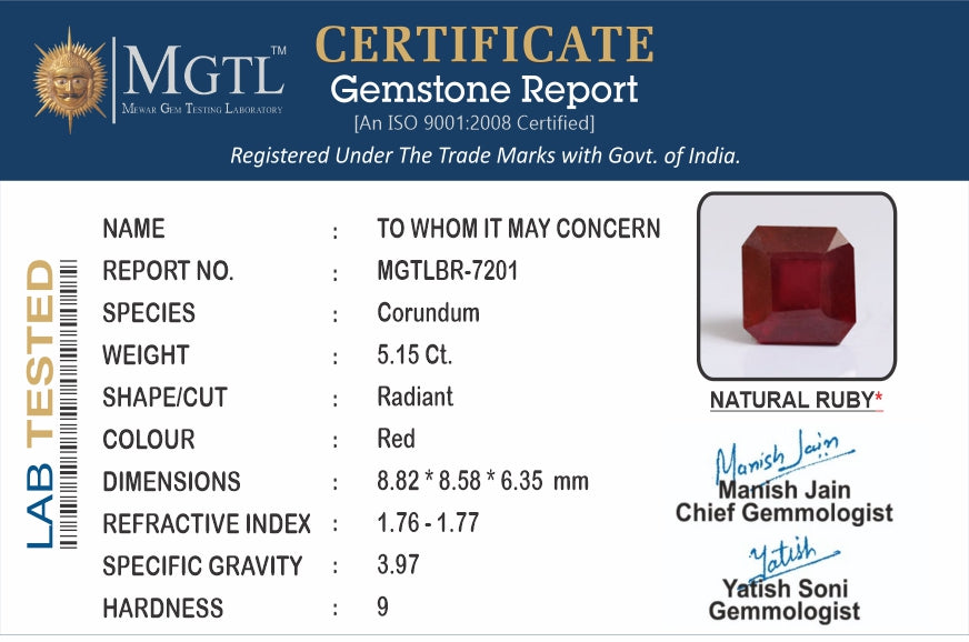 Thailand Ruby - 5.15 Carat Prime Quality BR-7201