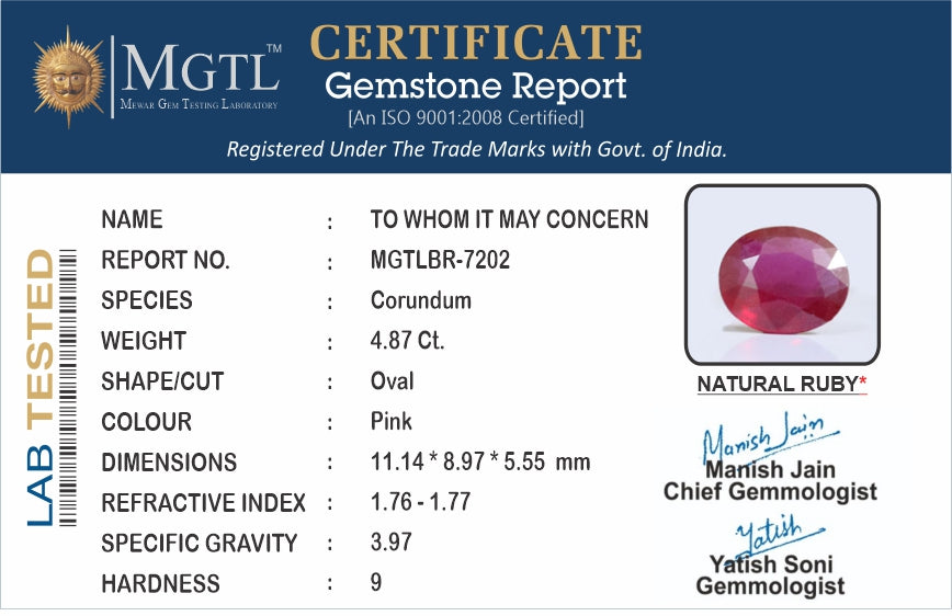 Thailand Ruby - 4.87 Carat Prime Quality BR-7202