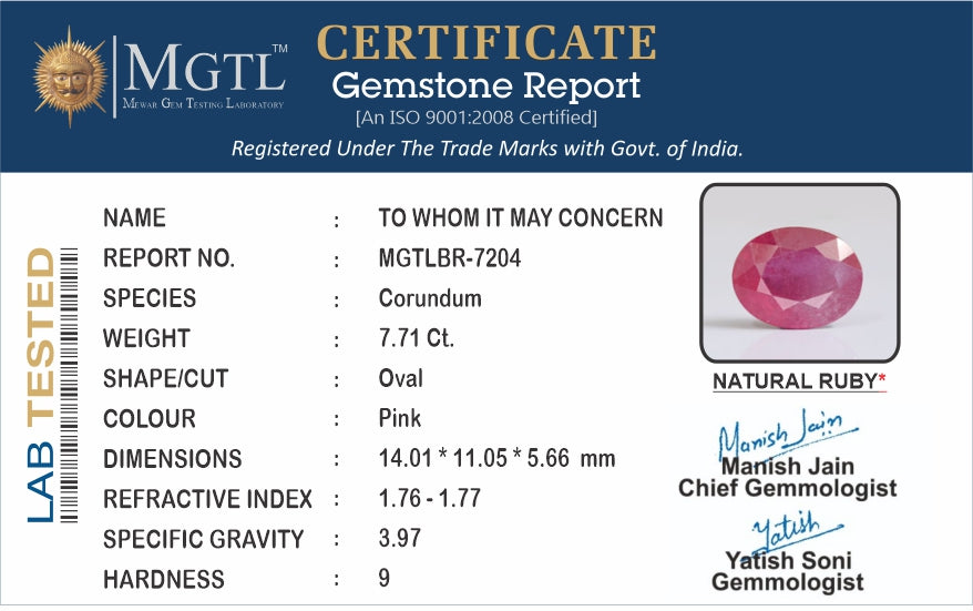 Thailand Ruby - 7.71 Carat Prime Quality BR-7204