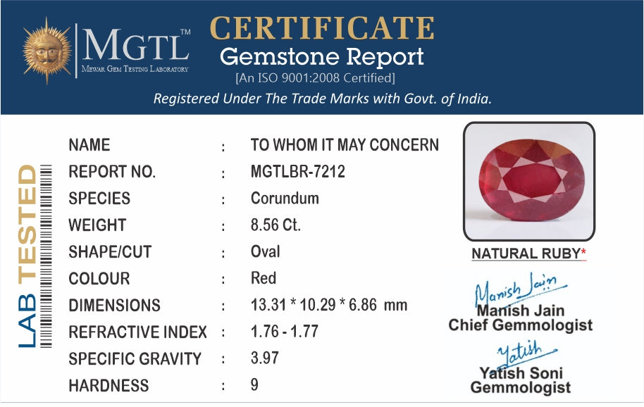 Thailand Ruby - 8.56 Carat Prime Quality BR-7212
