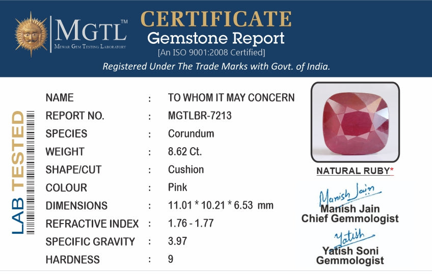 Thailand Ruby - 8.62 Carat Prime Quality BR-7213