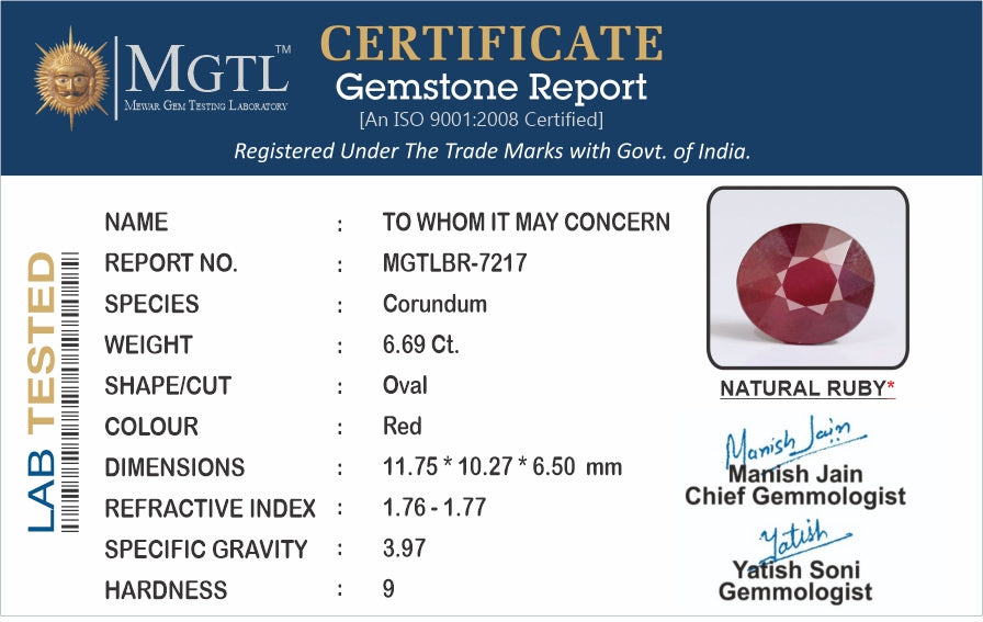 Thailand Ruby - 6.69 Carat Prime Quality BR-7217