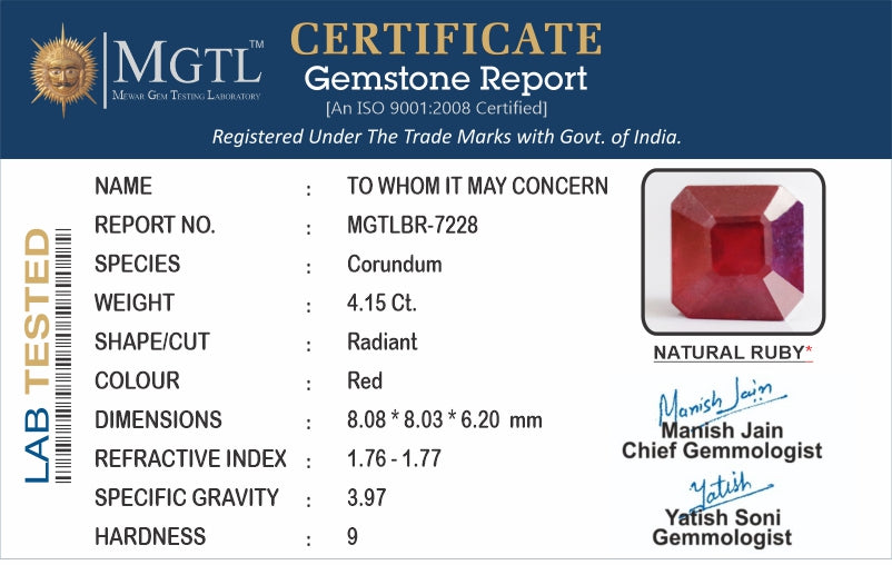 Thailand Ruby - 4.15 Carat Prime Quality BR-7228