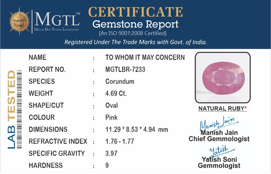 Mozambique Ruby - 4.69 Carat Prime Quality BR-7233