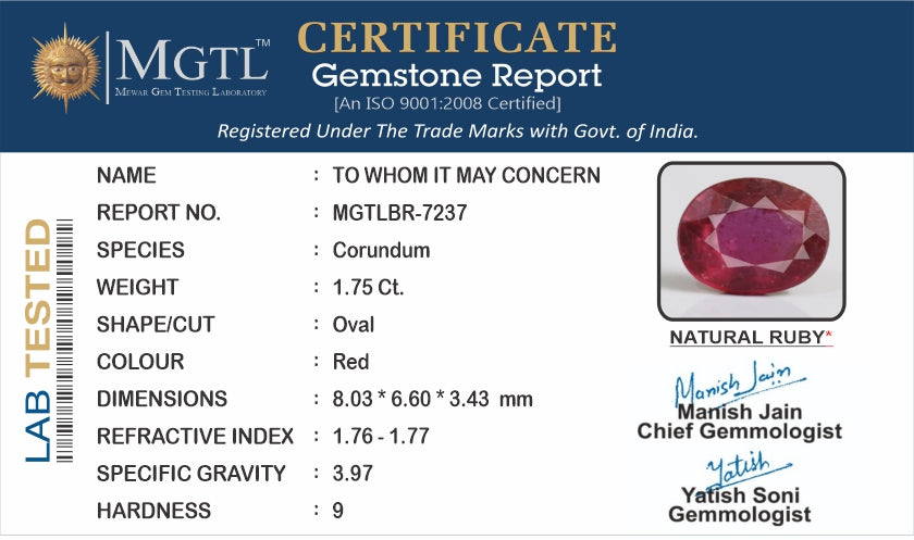 Thailand Ruby - 1.75 Carat Prime Quality BR-7237
