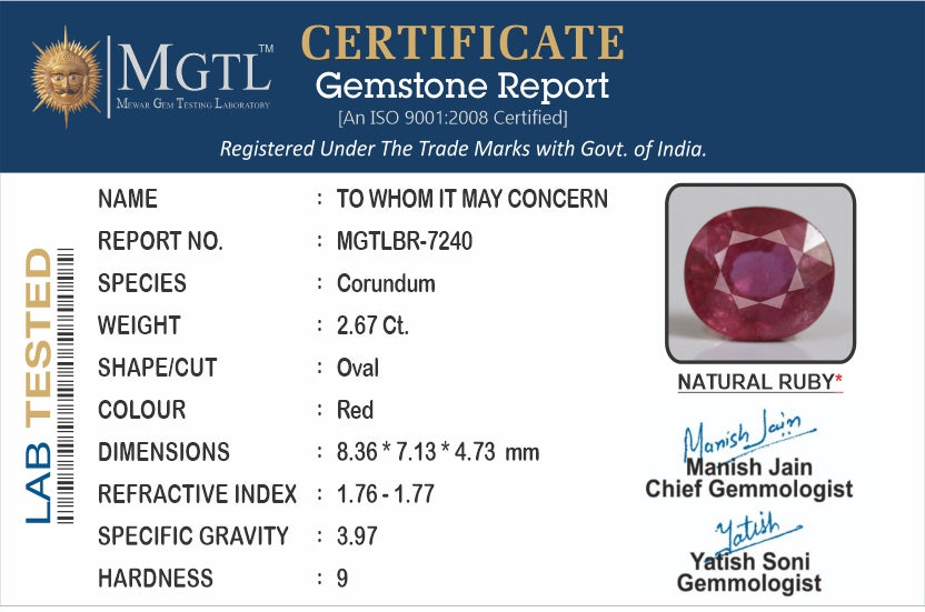 Thailand Ruby - 2.67 Carat Prime Quality BR-7240