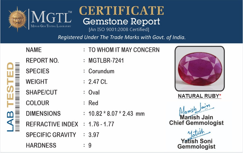Thailand Ruby - 2.47 Carat Prime Quality BR-7241