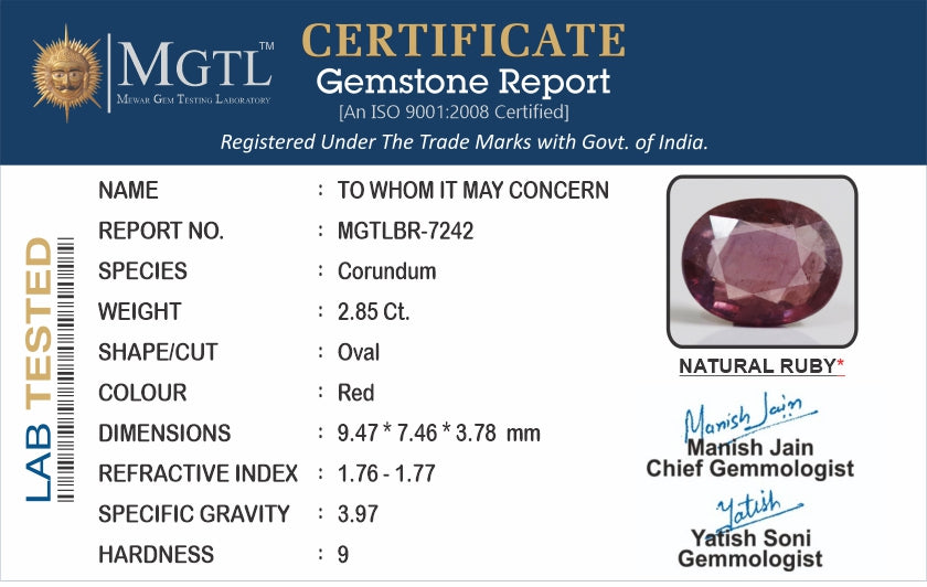 Thailand Ruby - 2.85 Carat Prime Quality BR-7242