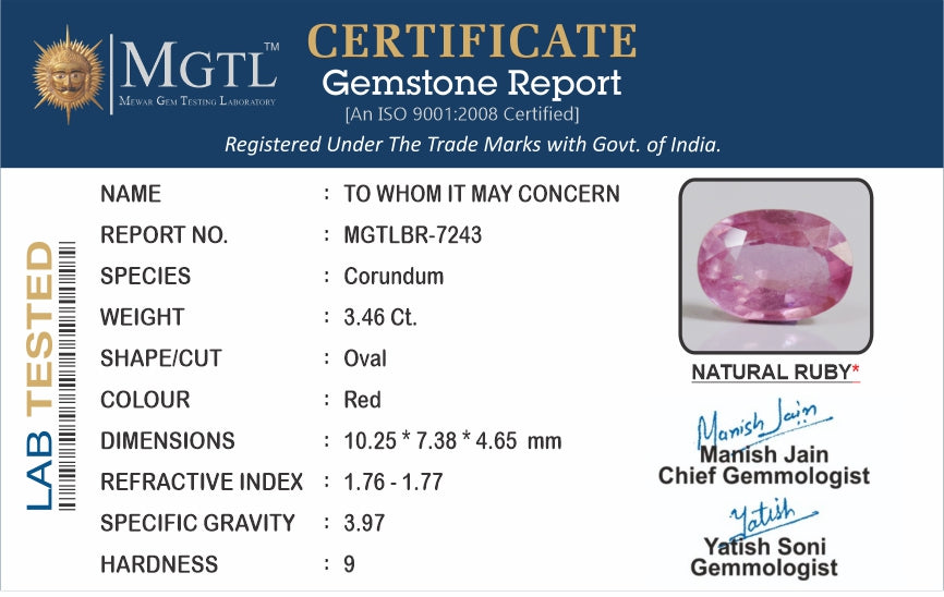 Thailand Ruby - 3.46 Carat Prime Quality BR-7243