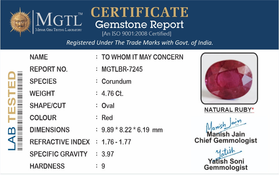 Thailand Ruby - 4.76 Carat Prime Quality BR-7245