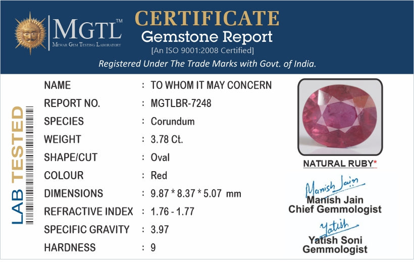 Mozambique Ruby - 3.78 Carat Prime Quality BR-7248