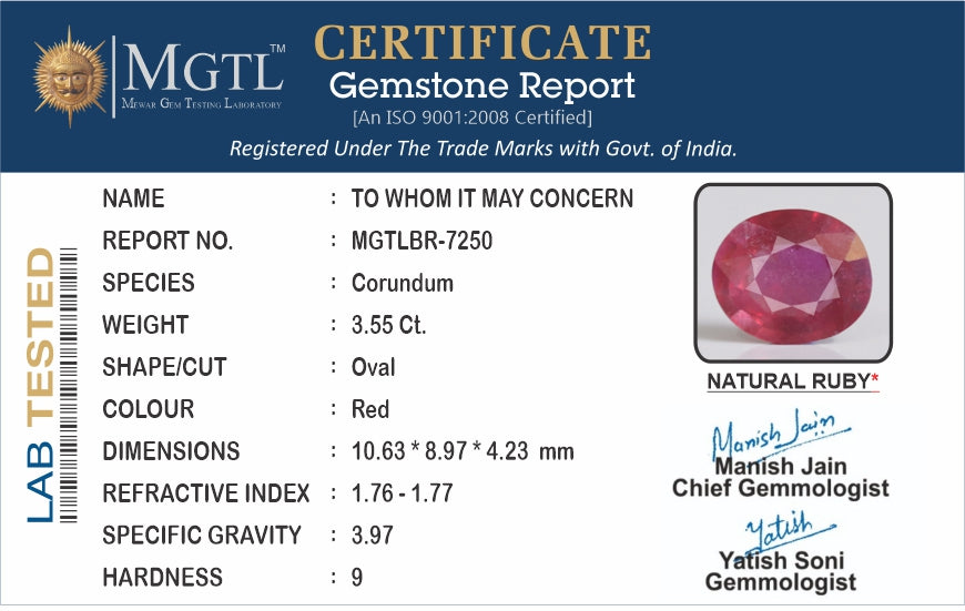 Mozambique Ruby - 3.55 Carat Prime Quality BR-7250