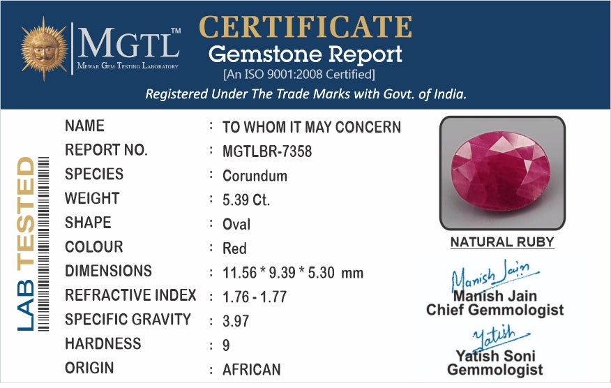 African Ruby - 5.39 Carat Prime Quality BR-7358